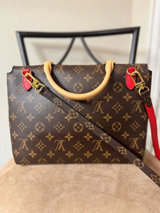 Louis Vuitton Brown Monogram Satchel with Red Accent and Gold Hardware - Picture 6 of 7